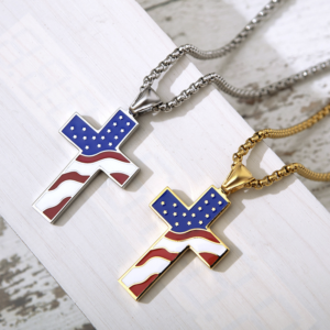 Men American Style Flag Cross Stainless Steel Necklace